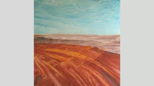 An artwork of a desert landscape with tie marked red dirt in the foreground before the dirt ends in a sharp drop-off, and in the distance you can see red desert plains
