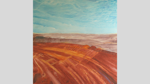 An artwork of a desert landscape with tie marked red dirt in the foreground before the dirt ends in a sharp drop-off, and in the distance you can see red desert plains