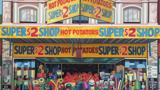 A painting of a $2 shop with repeat signage above of 'SUPER $2 SHOP' and 'HOT POTATOES', and the entrance to the store is covered by the piles of brightly coloured items stacked on the street for sale