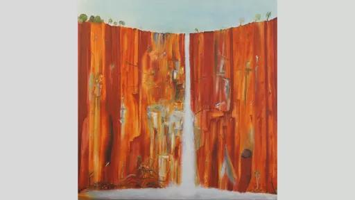 An artwork of a thin waterfall falling down a steep red rock cliff into a small pool around the cliff base