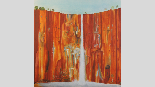 An artwork of a thin waterfall falling down a steep red rock cliff into a small pool around the cliff base