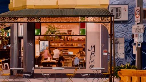 A painting of a cornerstore at night that has cafe style chairs and tables along the footpath, and people sitting at restaurant tables inside