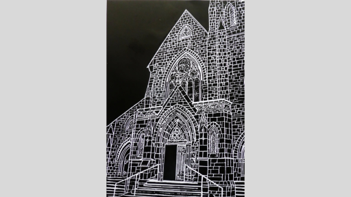 A white outline of a stone church entrance on a black backdrop