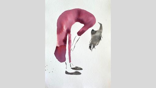 A painting of a person wearing a maroon dress with long dark hair bending over to touch their knees