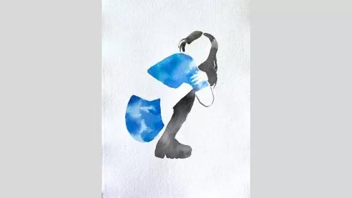 A painting of a person wearing a blue shirt and skirt, with long dark hair squatting low comfortably with their arms folded over their knees