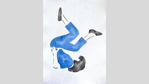 A painting of a person wearing blue clothes, who are lying on the top of their back with their feet in the air and their arms supporting their waist to stay up