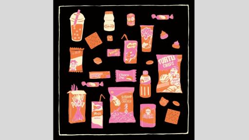 Snack foods including a milo box drink, chip packets and wrapped lollies in pink and orange on a black square background