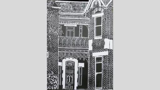 A white outline of a old two story housefront with tall windows in the brick walls and showing the entrance
