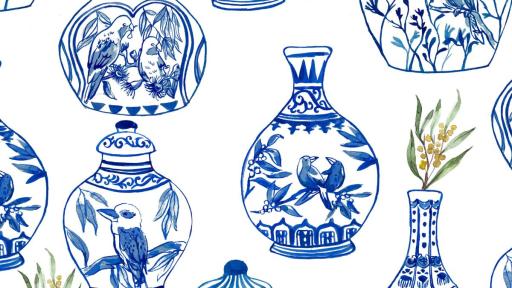 A close up of blue and white vases painted with australian birds and native flowers on a white background in a repeating pattern