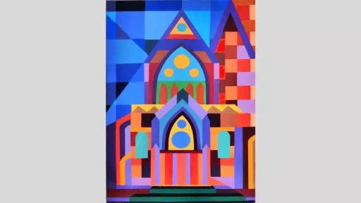 An artwork featuring geometric shapes in bright colours that depict the front of a church