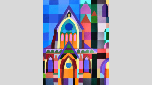 An artwork featuring geometric shapes in bright colours that depict the front of a church