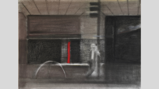 A hazy artwork of a person leaning against a traffic light pole on a city street that is done in blended blacks and browns, with a bright red line on the building in the background