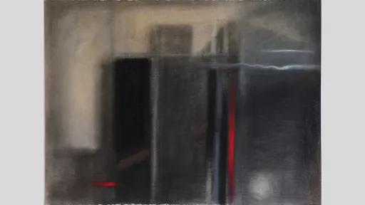 A hazy abstract artwork showing the dark outline of buildings in the distance with streaks of bright red