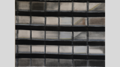 A hazy artwork of windows in a multistory building reflecting the grey of the buildings opposite