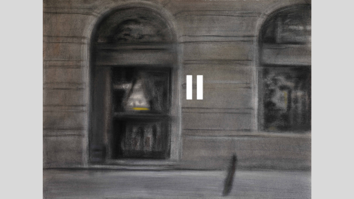 A hazy artwork of a city street that is done in blended blacks and browns, with a white pause symbol in the middle of the artwork