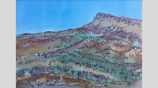 A coloured sketch of a mountain in greens and browns under a blue sky