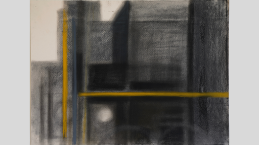 A hazy abstract artwork that looks like the reflecion of tall buildings in a window, with yellow and grey lines crossing on the window's surface