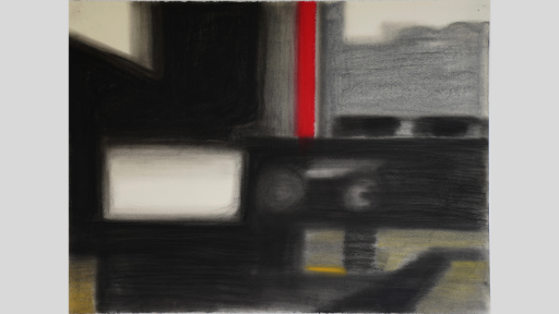 A hazy abstract artwork showing a white square surrounded by black, and in the top right corner a building in the distance with a bright red line