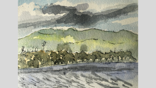 A coloured sketch of a river, with thick shurbs on the bank and a mountain in the distance