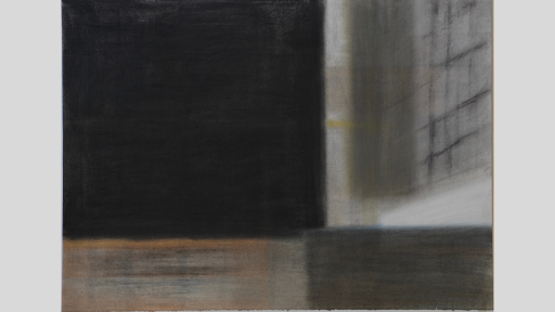 A hazy abstract artwork showing for squares that overlap in the middle of the artwork in black, grey, light brown and dark brown