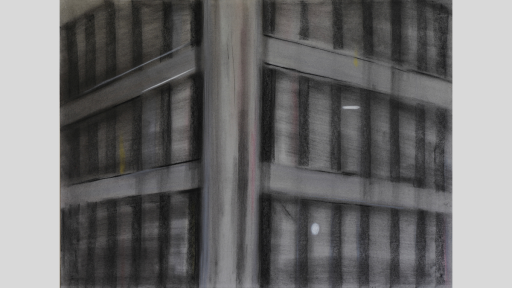 A hazy artwork of the corner of a multistory office building that is grey