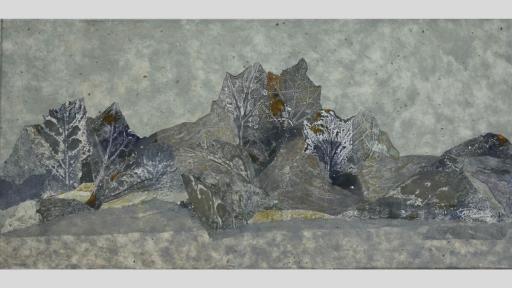 Textural art print of leaves in greys and whites