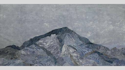 Moody painting of an icy mountain peak against a stormy sky