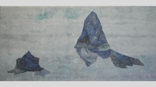 Collage of blue iceberg-like shapes in a textural white and blue background