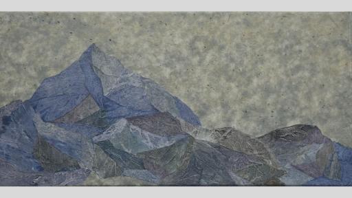Artwork of angular mountains against a mottled, textural background
