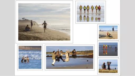 Lifesavers, dogs, kids in parkas and other people at a beach