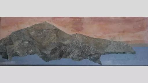 Art print of a mountainous landscape made up of leaves