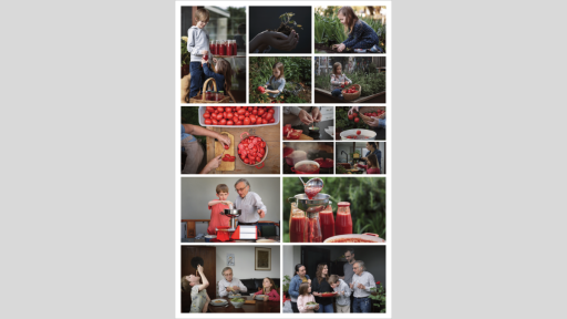 Grid of 14 images of families making passata at home