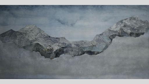 Etching of an icy landscape in blue and white hues