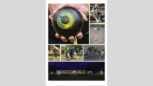 7 snapshots of members of a community bowls club and their bowling balls