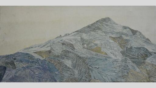 Etching of a mountain peak made from leaves