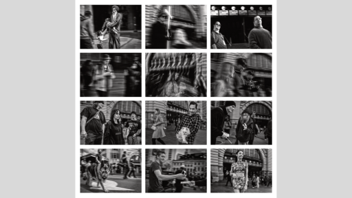 A grid of 12 snapshots of people in motion outside a train station