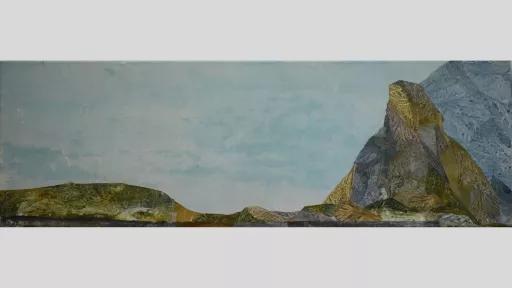 Etching of a gold and blue landscape with an expanse of turquoise sky