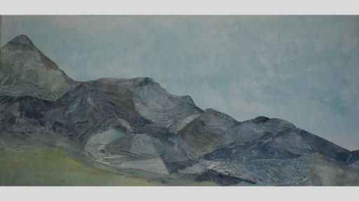 Etching of granite mountainous landscape sloping diagonally before a cloudy, turquoise sky
