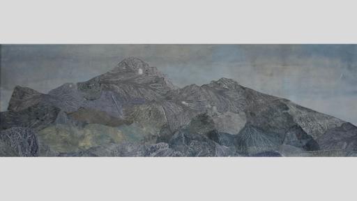 Etching of mauve and grey mountains with leaf prints