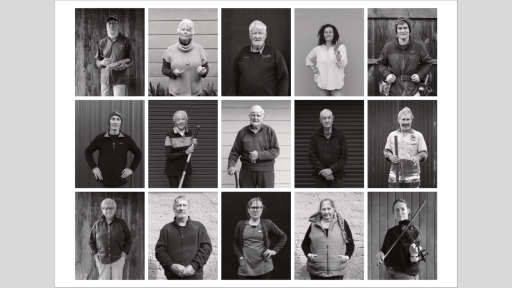 Portraits of men and women standing in front of walls, garage doors and houses