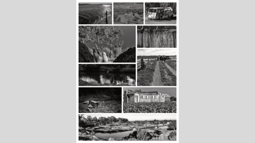 arty, black and white photos of cliffs, bush, a child by the water, dirt trails and an old van