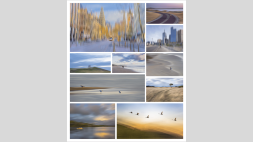 Blurred photos in muted greys, blues and yellows of seascapes, skies and forests