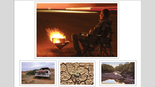 a gothic desert landscape with a burned out car, parched dirt and a man sitting in front of a campfire at sunset