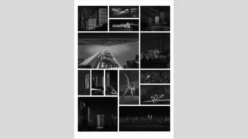 Black and white, high-contrast portraits of urban buildings and sculptures