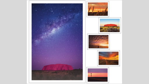 Grid of images of desert skies, plants, an empty road and Uluru at sunset and nighttime
