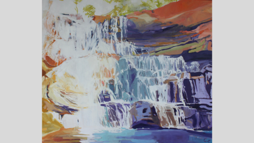 Landscape painting featuring a waterfall with shades of brown at the top and shades of blue to the right.