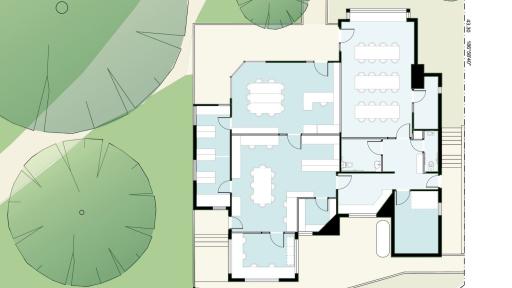 A site plan of the refurbished former Canterbury Toy Library building, showing 3 large central rooms that can fit multiple tables, two bathrooms, and 5 smaller rooms within the building