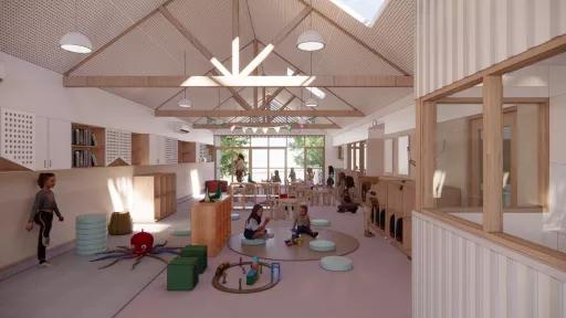Artist's impression of the refurbished playroom at the JJ McMahon kindergarten, a large open playroom with exposed roof joints, natural materials and white walls, and children playing with toys and kindergarten staff