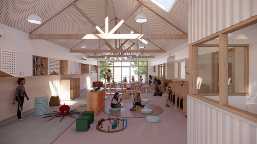 Artist's impression of the refurbished playroom at the JJ McMahon kindergarten, a large open playroom with exposed roof joints, natural materials and white walls, and children playing with toys and kindergarten staff