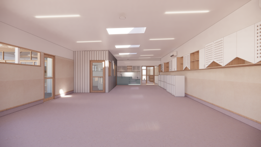 Artist's impression of the refurbished playroom at the JJ McMahon kindergarten, a large open playroom with multiple skylights, and natural materials and white walls